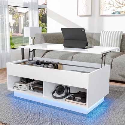 Lift Top Coffee Table with Hidden Compartment High Gloss LED Coffee Tables Center Rising Cocktail Table for Living Room Accent Furniture White Finish