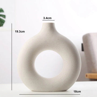 Nordic Vase Circular Hollow Ceramic Donuts Flower Pot Home Living Room Decoration Accessories Interior Office Desktop Decor Gift