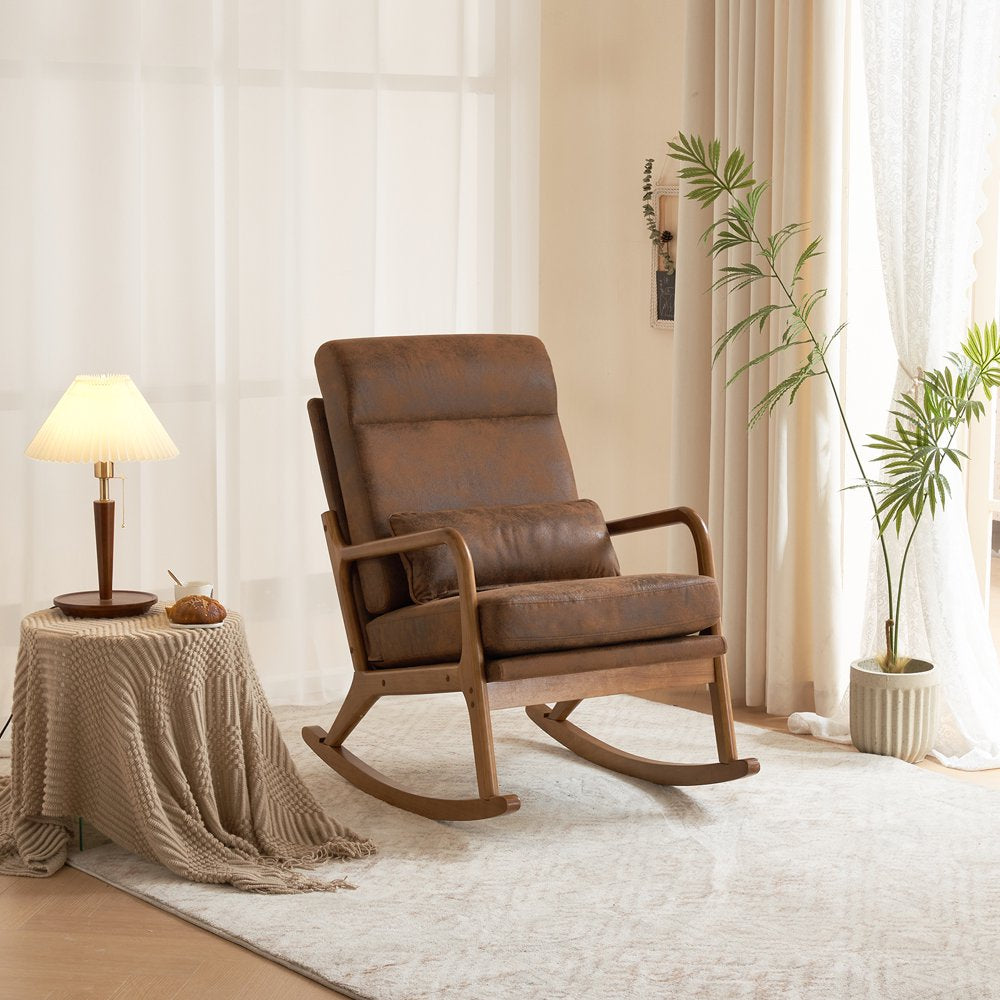 Mid Century Rocking Nursery Chair Solid Wood Frame Accent Chair, Bronzing Cloth Upholstered Glider Rocker Modern Padded Armchair with Lumbar Pillow Brown