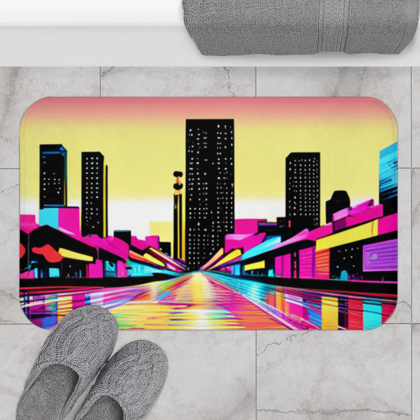 80s Neon Skyline Bath Mat