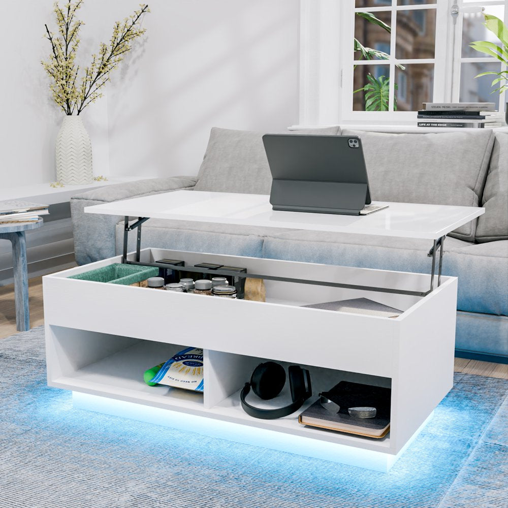 Lift Top Coffee Table with Hidden Compartment High Gloss LED Coffee Tables Center Rising Cocktail Table for Living Room Accent Furniture White Finish