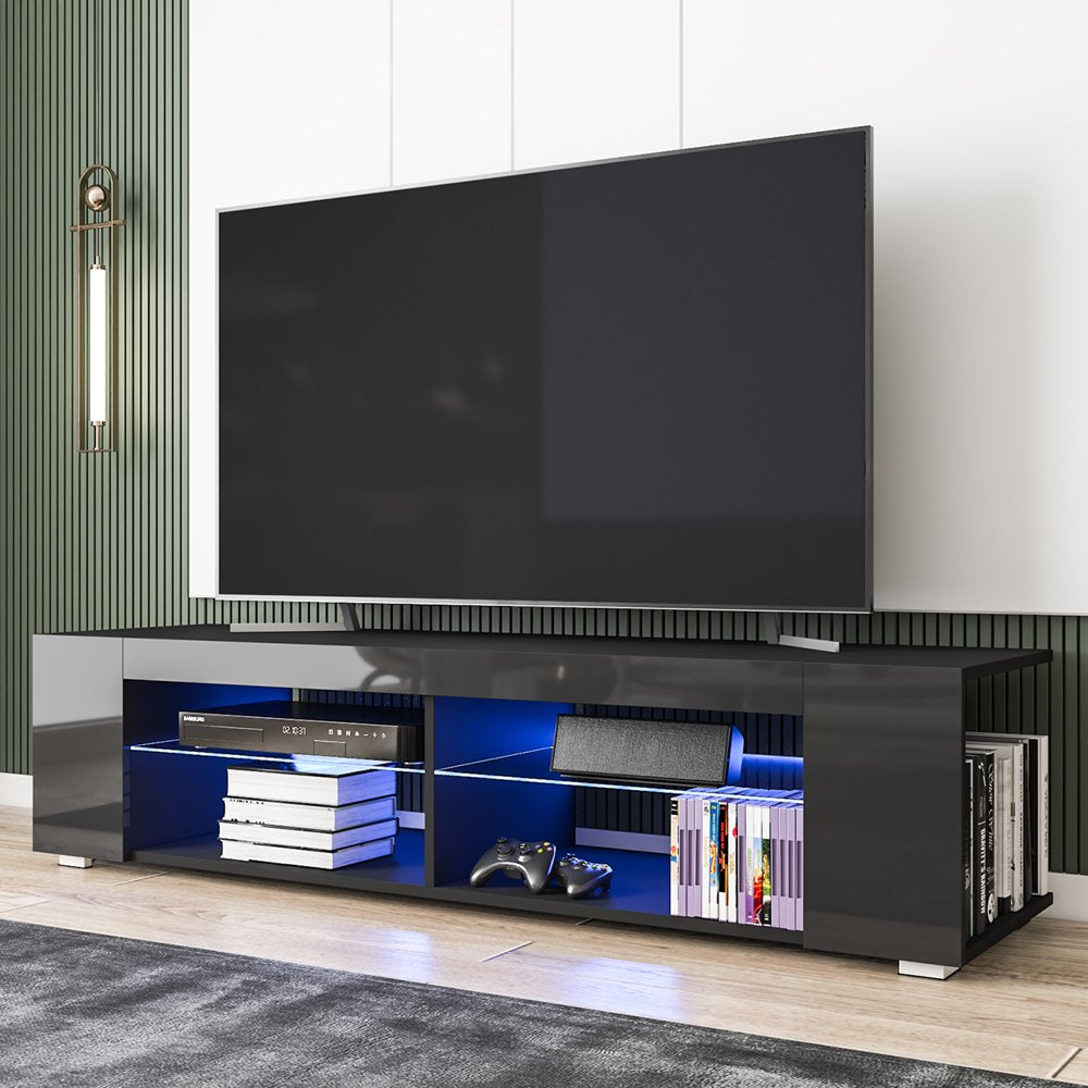 TV Stand for Tvs up to 65" with Open Glass Shelves Remote LED Light Black Television Stands Media Console Cabinet Entertainment Center