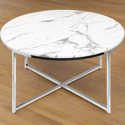 36In Faux Marble Modern round Living Room Accent Coffee Table W/ Metal Frame - White/Bronze Gold