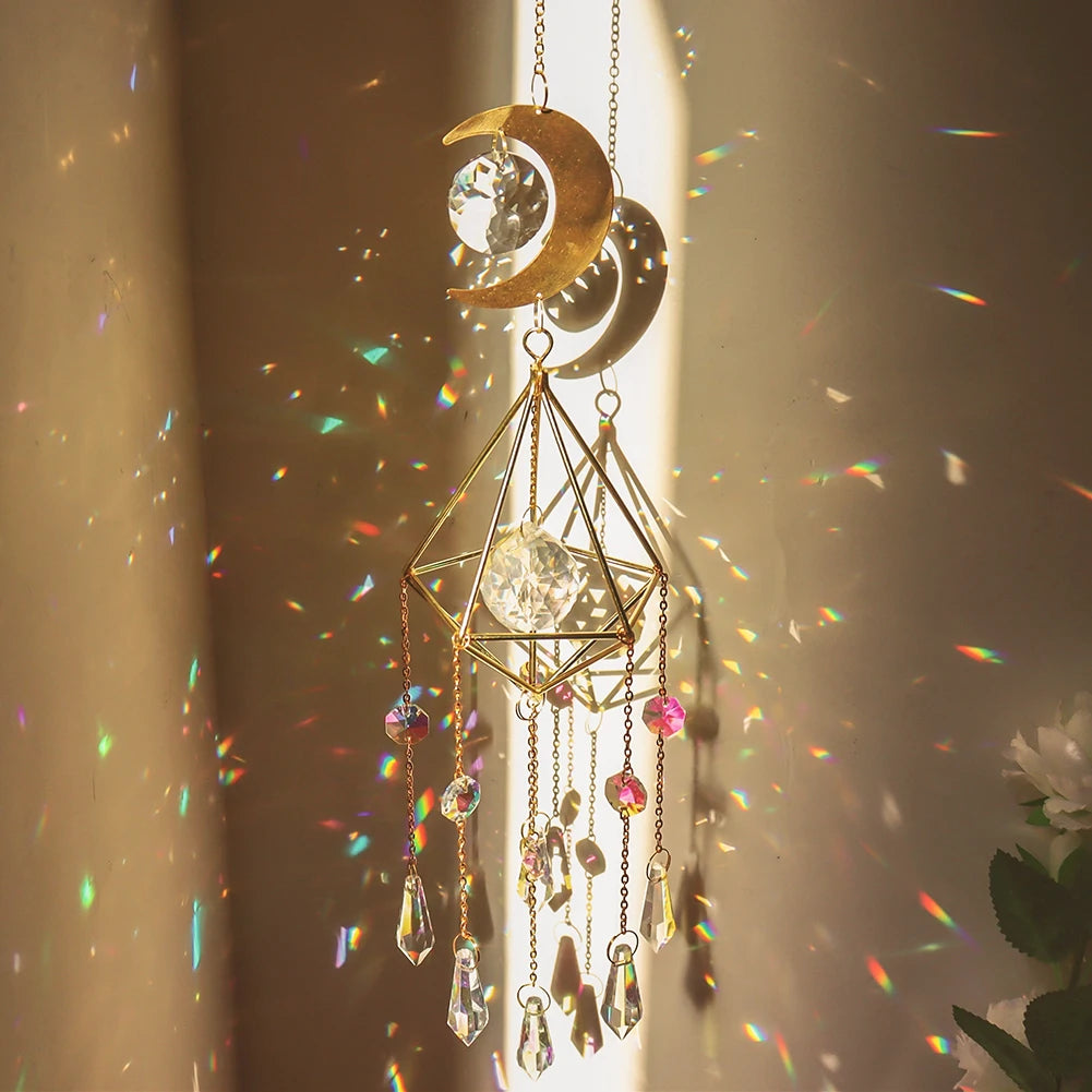 Crystal Windchimes Star Moon Pendant Hexagon Prisms Sun Light Catcher Garden Window Wedding Hanging Drop Home Decor Wind Chime