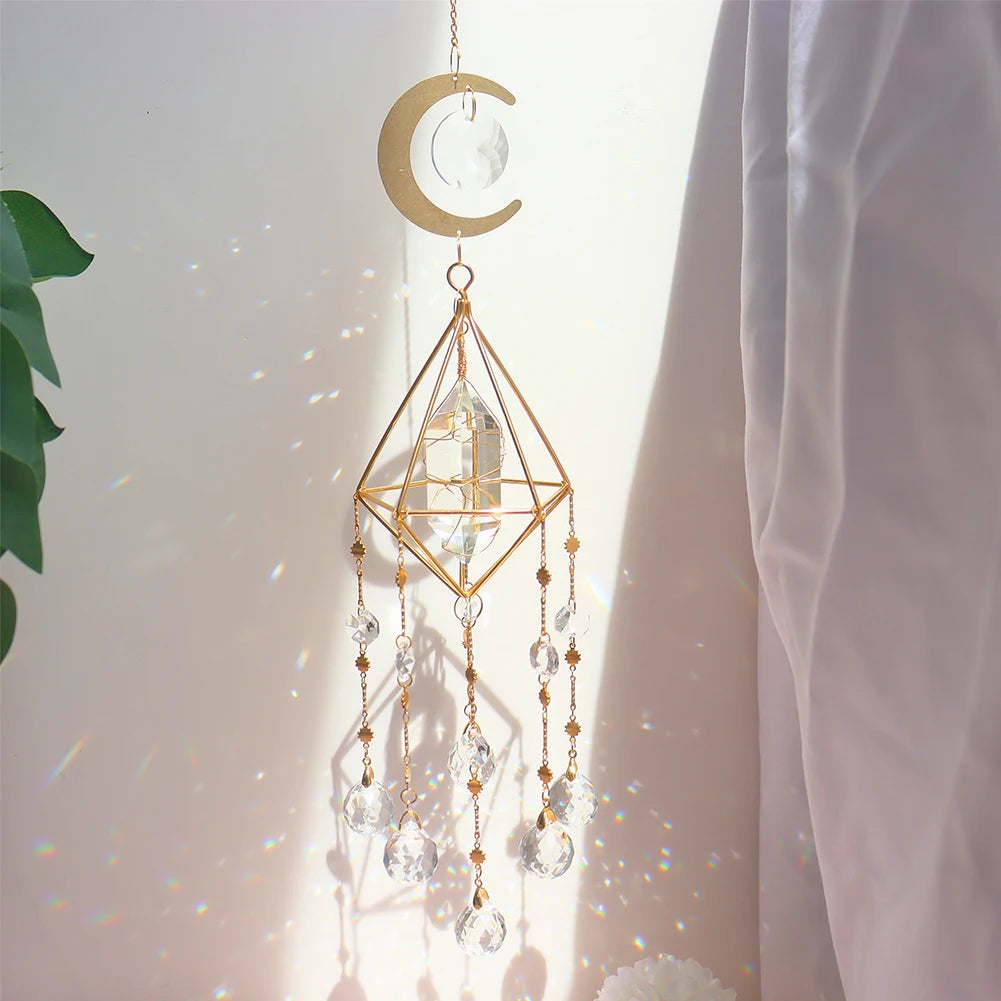 Crystal Windchimes Star Moon Pendant Hexagon Prisms Sun Light Catcher Garden Window Wedding Hanging Drop Home Decor Wind Chime