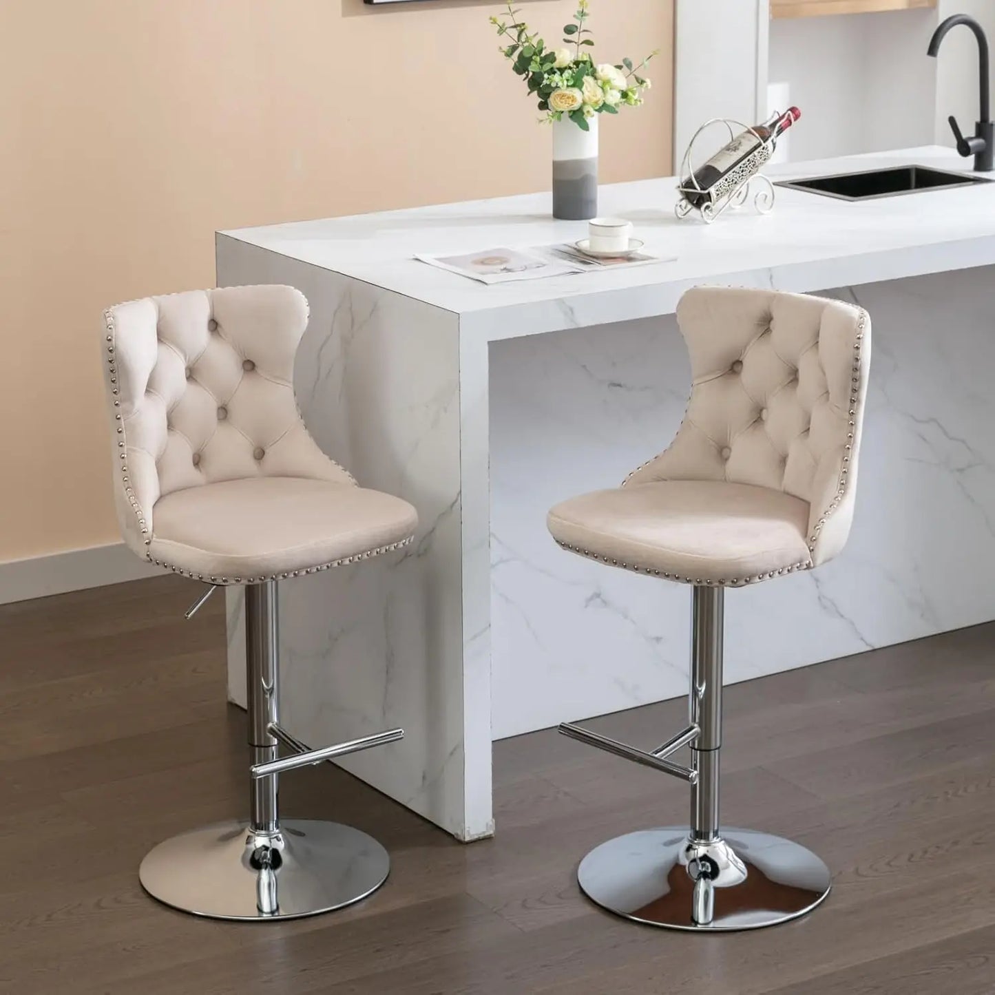 Bar Stools Set of 2, Adjustable Upholstered Counter Height Barstools with Back and Gold Footrest, Modern Velvet Swivel Barstools