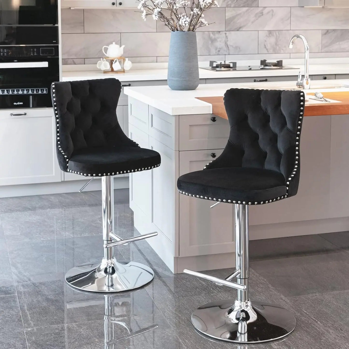 Bar Stools Set of 2, Adjustable Upholstered Counter Height Barstools with Back and Gold Footrest, Modern Velvet Swivel Barstools