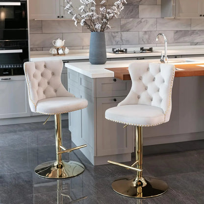 Bar Stools Set of 2, Adjustable Upholstered Counter Height Barstools with Back and Gold Footrest, Modern Velvet Swivel Barstools