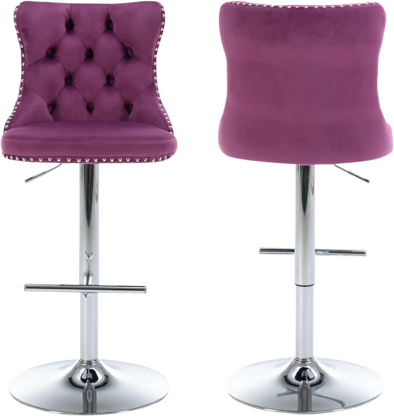 Bar Stools Set of 2, Adjustable Upholstered Counter Height Barstools with Back and Gold Footrest, Modern Velvet Swivel Barstools