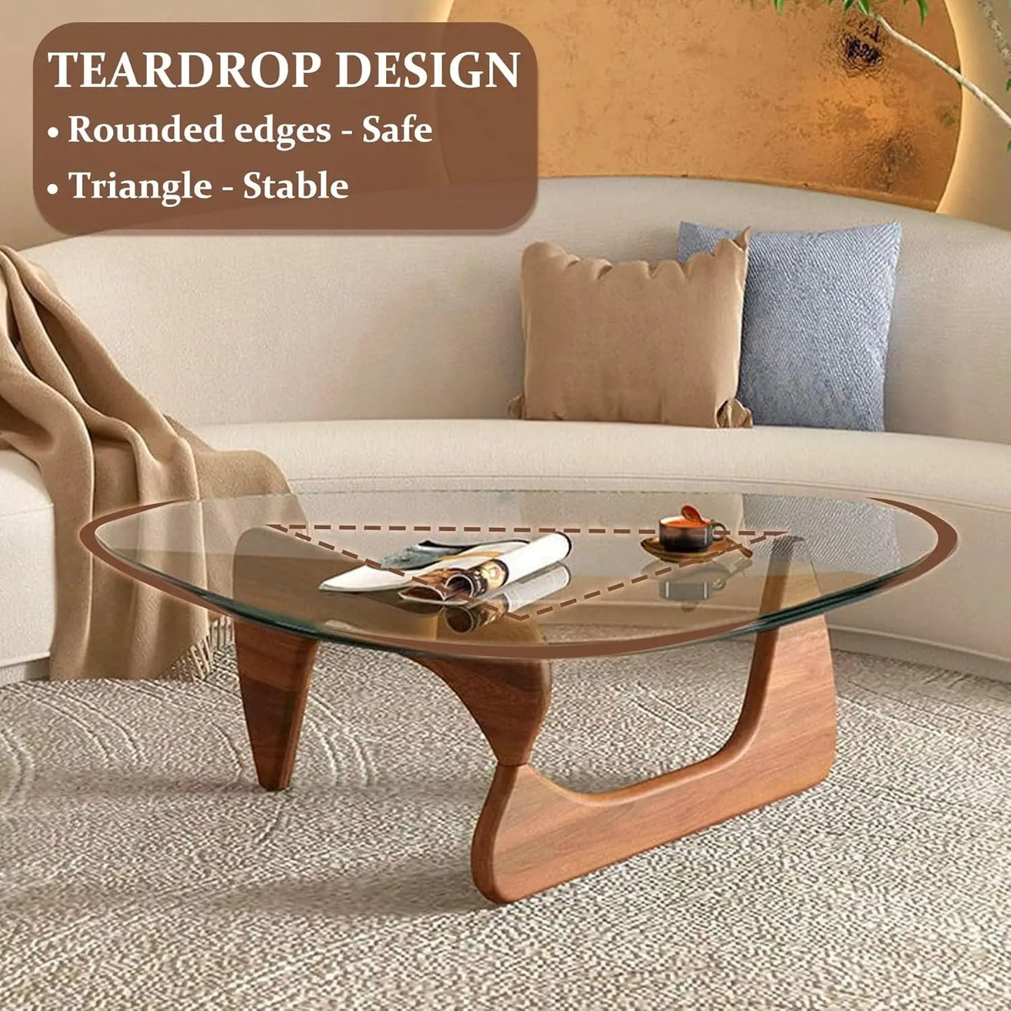 Triangle Glass Coffee Table with Wooden Base Mid-Century Modern