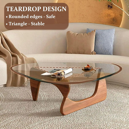 Triangle Glass Coffee Table with Wooden Base Mid-Century Modern