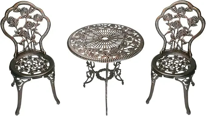 3-Piece Outdoor Bistro Set Rose Design, Rust-Resistant Cast Aluminum Table and Chairs Umbrella Hole for Balcony Backyard Garden