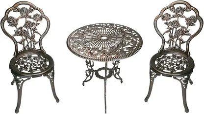 3-Piece Outdoor Bistro Set Rose Design, Rust-Resistant Cast Aluminum Table and Chairs Umbrella Hole for Balcony Backyard Garden