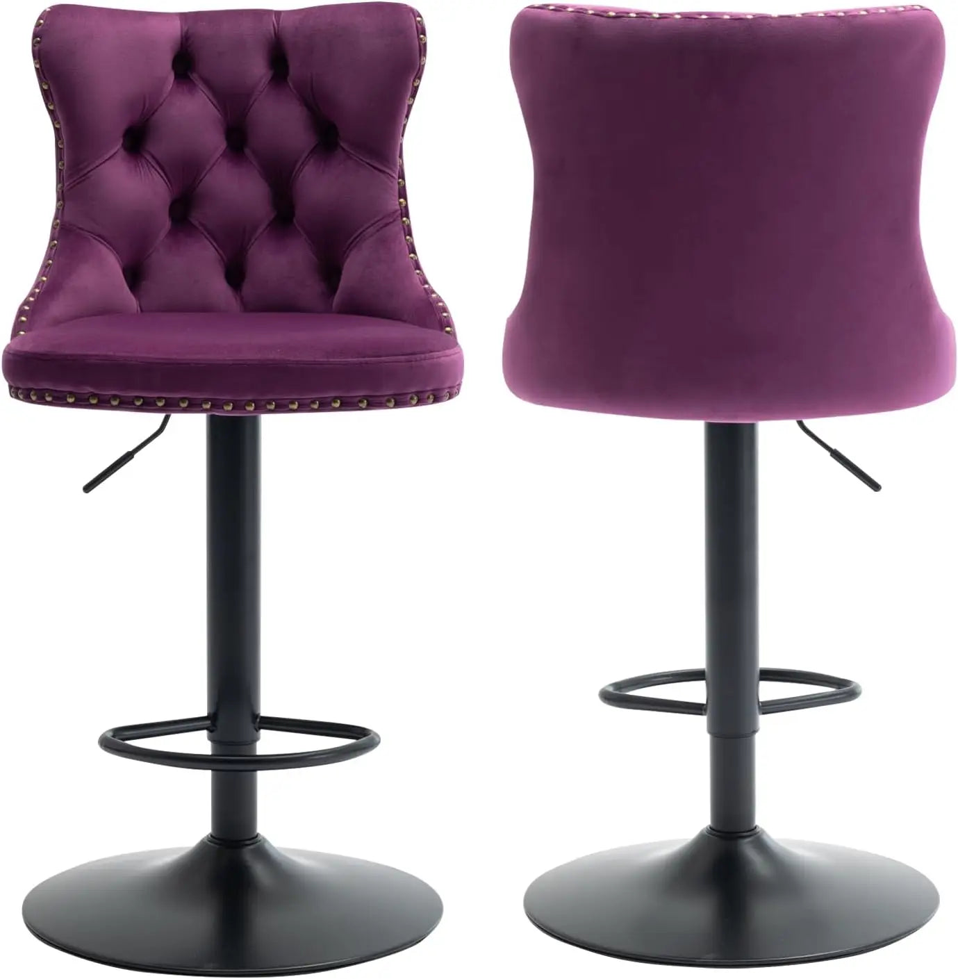 Bar Stools Set of 2, Adjustable Upholstered Counter Height Barstools with Back and Gold Footrest, Modern Velvet Swivel Barstools