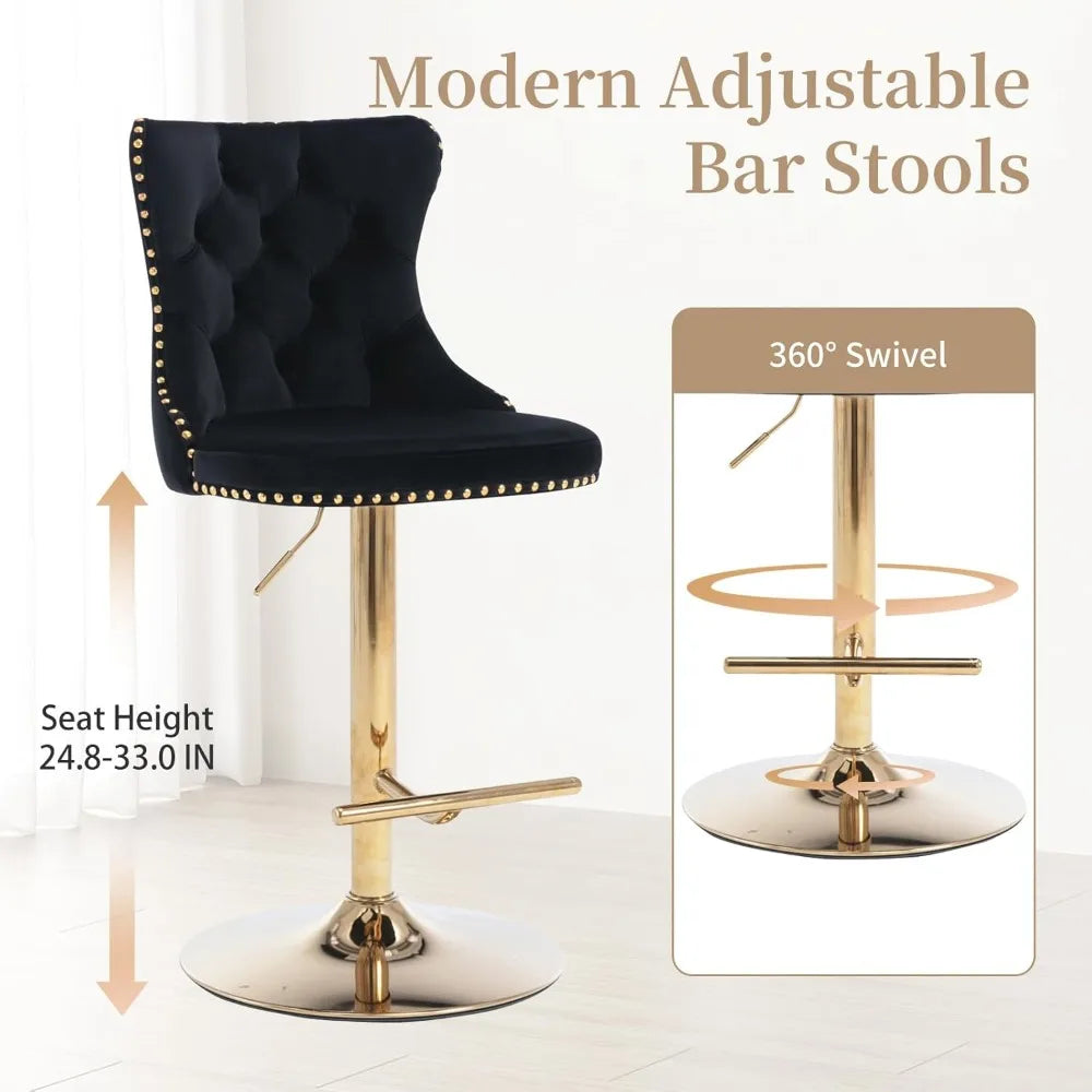 Bar Stools Set of 2, Adjustable Upholstered Counter Height Barstools with Back and Gold Footrest, Modern Velvet Swivel Barstools