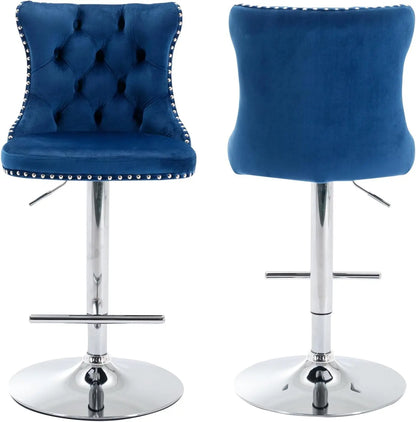 Bar Stools Set of 2, Adjustable Upholstered Counter Height Barstools with Back and Gold Footrest, Modern Velvet Swivel Barstools