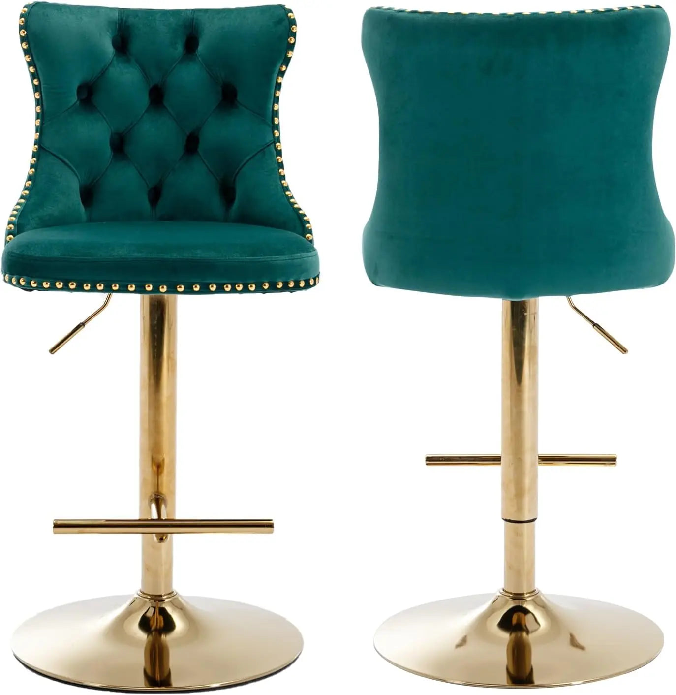 Bar Stools Set of 2, Adjustable Upholstered Counter Height Barstools with Back and Gold Footrest, Modern Velvet Swivel Barstools