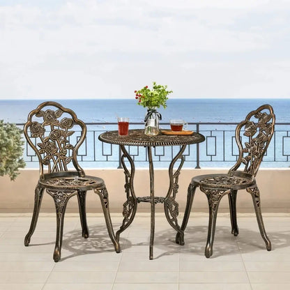 3-Piece Outdoor Bistro Set Rose Design, Rust-Resistant Cast Aluminum Table and Chairs Umbrella Hole for Balcony Backyard Garden