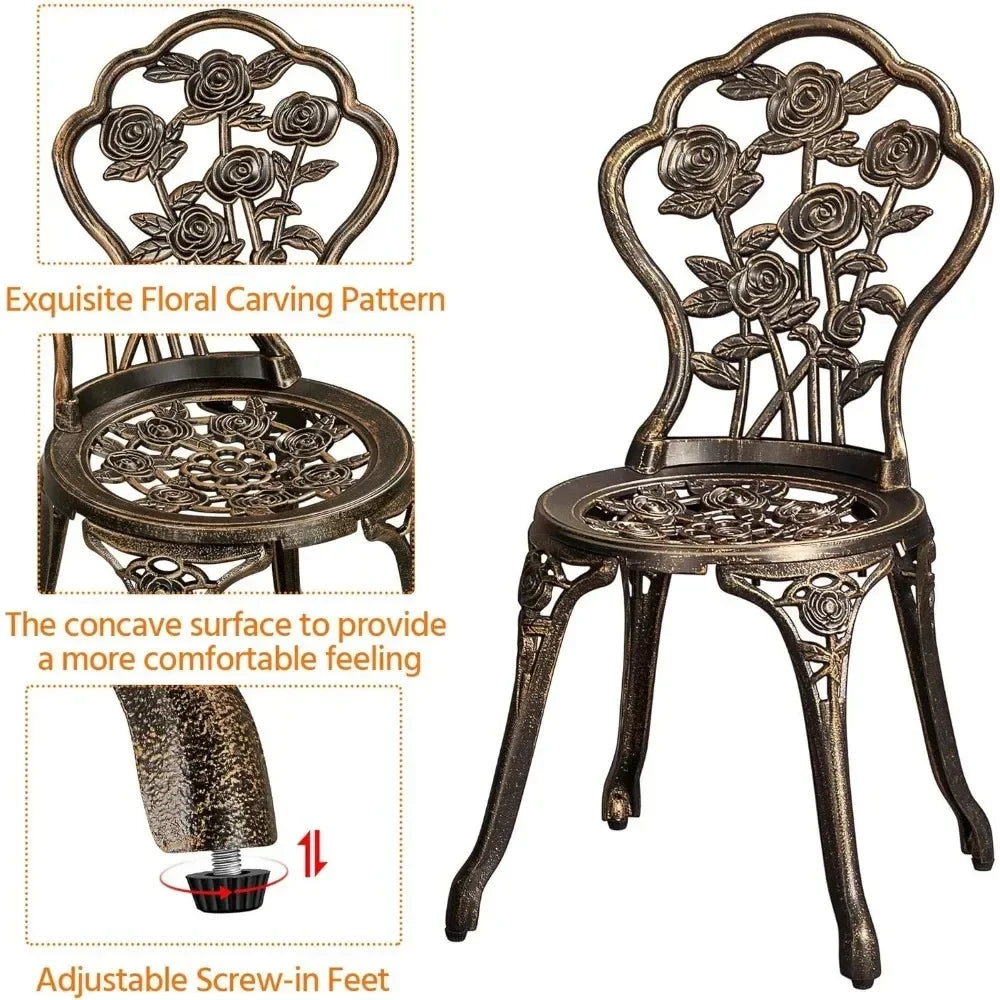 3-Piece Outdoor Bistro Set Rose Design, Rust-Resistant Cast Aluminum Table and Chairs Umbrella Hole for Balcony Backyard Garden