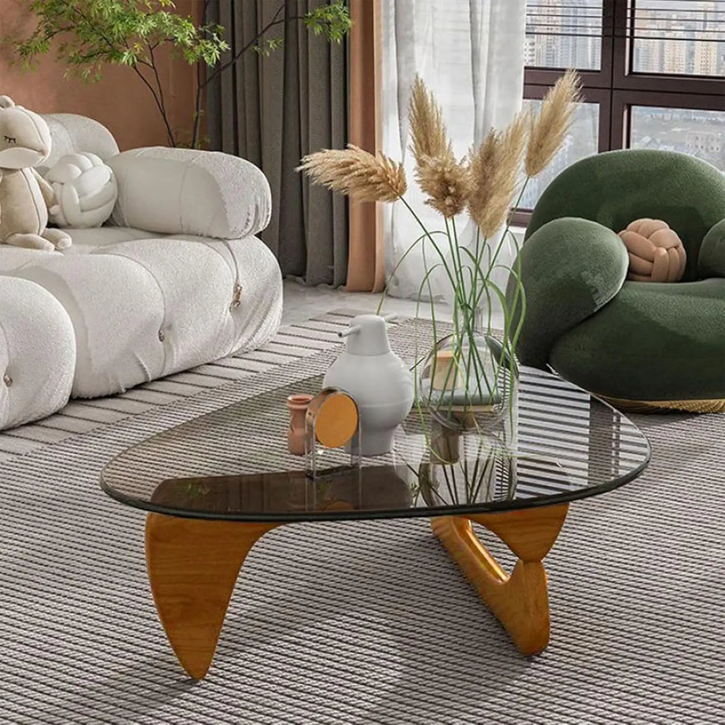 Triangle Glass Coffee Table with Wooden Base Mid-Century Modern