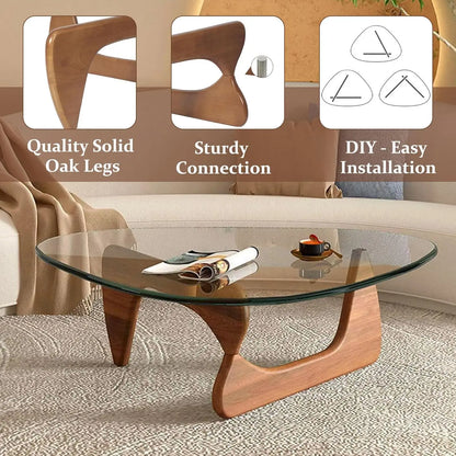 Triangle Glass Coffee Table with Wooden Base Mid-Century Modern