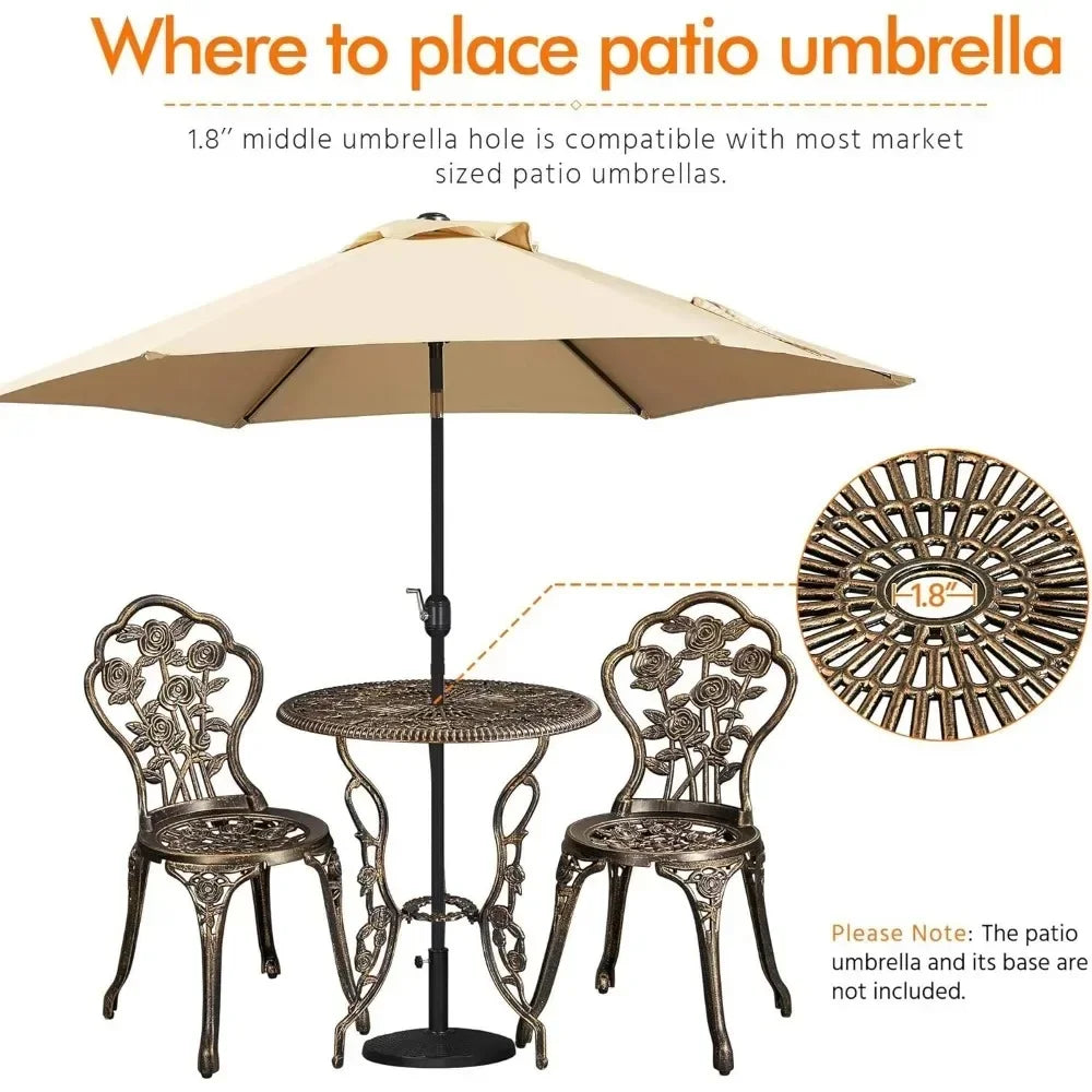 3-Piece Outdoor Bistro Set Rose Design, Rust-Resistant Cast Aluminum Table and Chairs Umbrella Hole for Balcony Backyard Garden