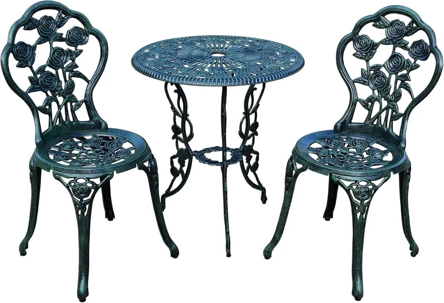 3-Piece Outdoor Bistro Set Rose Design, Rust-Resistant Cast Aluminum Table and Chairs Umbrella Hole for Balcony Backyard Garden