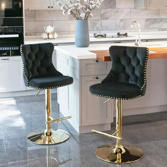 Bar Stools Set of 2, Adjustable Upholstered Counter Height Barstools with Back and Gold Footrest, Modern Velvet Swivel Barstools