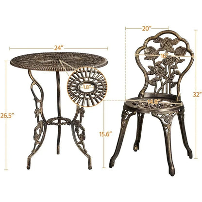 3-Piece Outdoor Bistro Set Rose Design, Rust-Resistant Cast Aluminum Table and Chairs Umbrella Hole for Balcony Backyard Garden