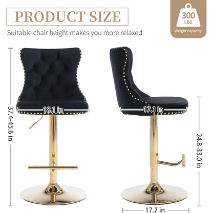 Bar Stools Set of 2, Adjustable Upholstered Counter Height Barstools with Back and Gold Footrest, Modern Velvet Swivel Barstools