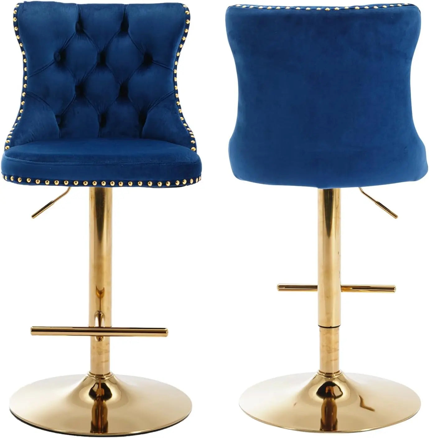 Bar Stools Set of 2, Adjustable Upholstered Counter Height Barstools with Back and Gold Footrest, Modern Velvet Swivel Barstools