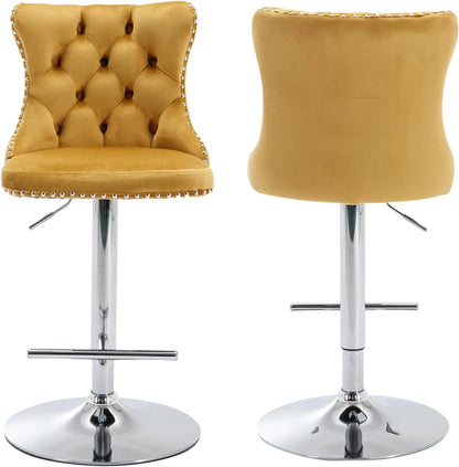 Bar Stools Set of 2, Adjustable Upholstered Counter Height Barstools with Back and Gold Footrest, Modern Velvet Swivel Barstools