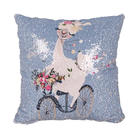 "Llama on Bike" Sequin Pillow Cover