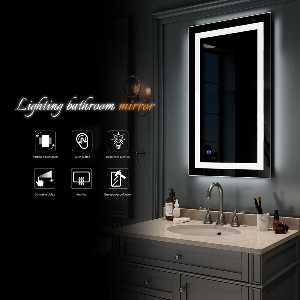 Anti-Fog Wall Mounted Lighted Vanity Mirror LED Bathroom Mirror anti Fog and IP67 Waterproof, Rectangle 40"X24" Silver