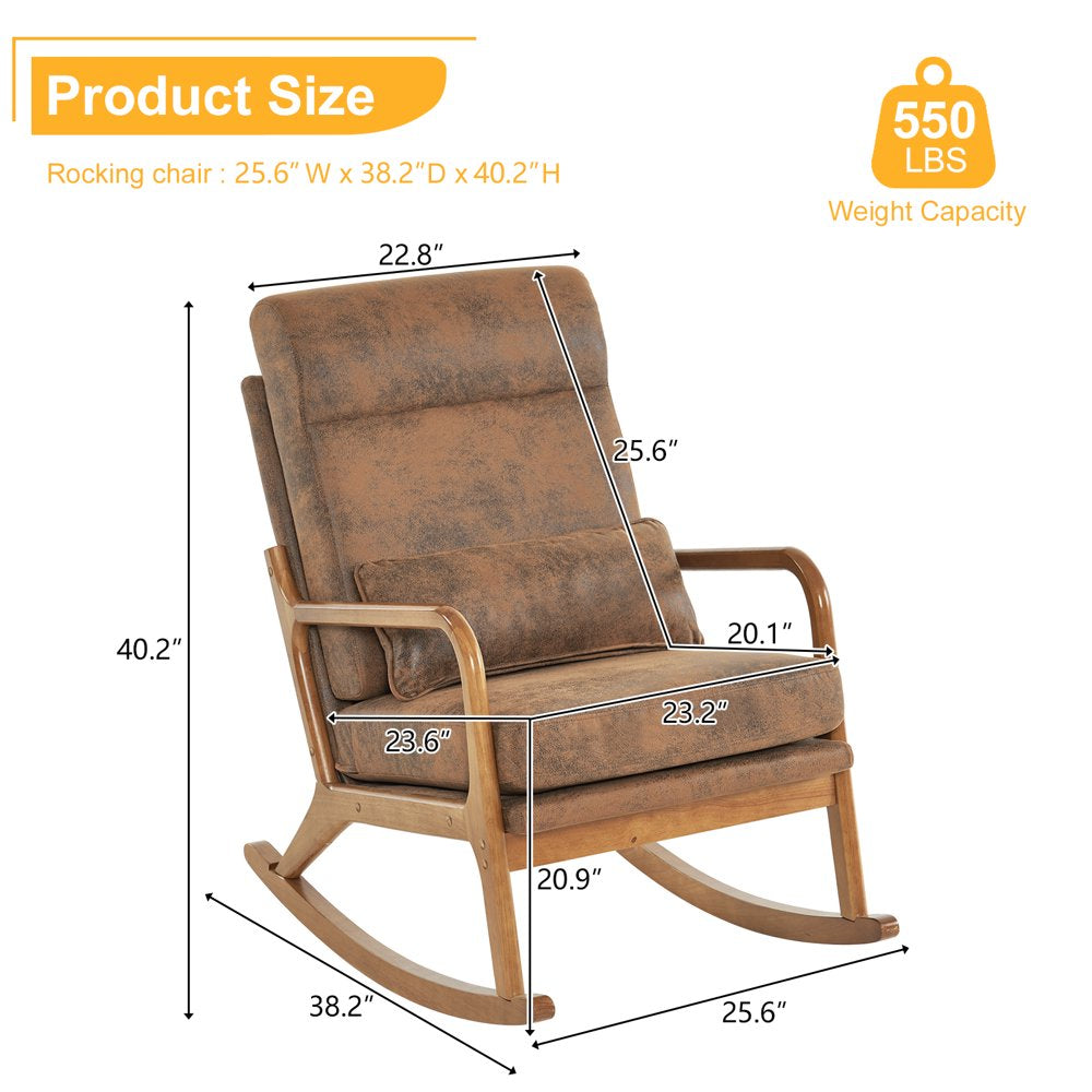 Mid Century Rocking Nursery Chair Solid Wood Frame Accent Chair, Bronzing Cloth Upholstered Glider Rocker Modern Padded Armchair with Lumbar Pillow Brown