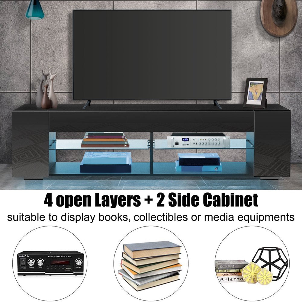 TV Stand for Tvs up to 65" with Open Glass Shelves Remote LED Light Black Television Stands Media Console Cabinet Entertainment Center