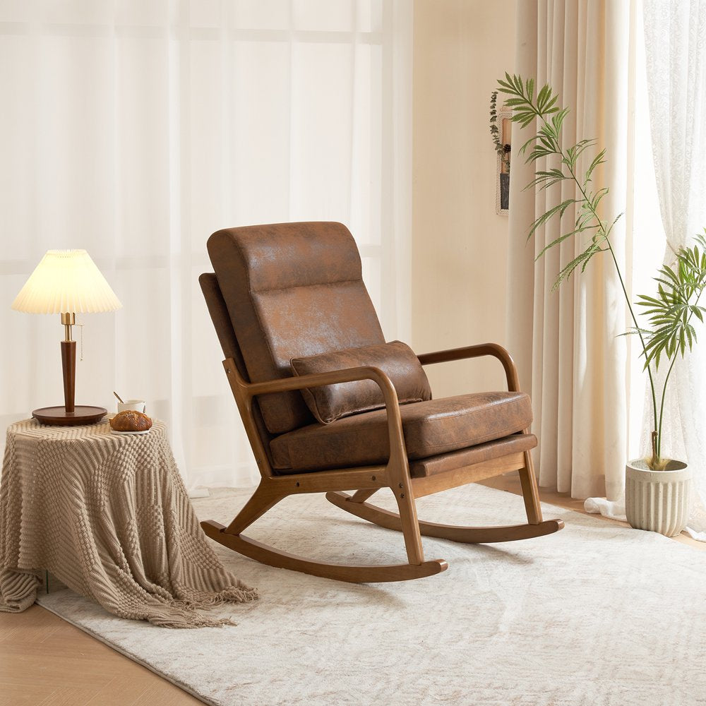 Mid Century Rocking Nursery Chair Solid Wood Frame Accent Chair, Bronzing Cloth Upholstered Glider Rocker Modern Padded Armchair with Lumbar Pillow Brown