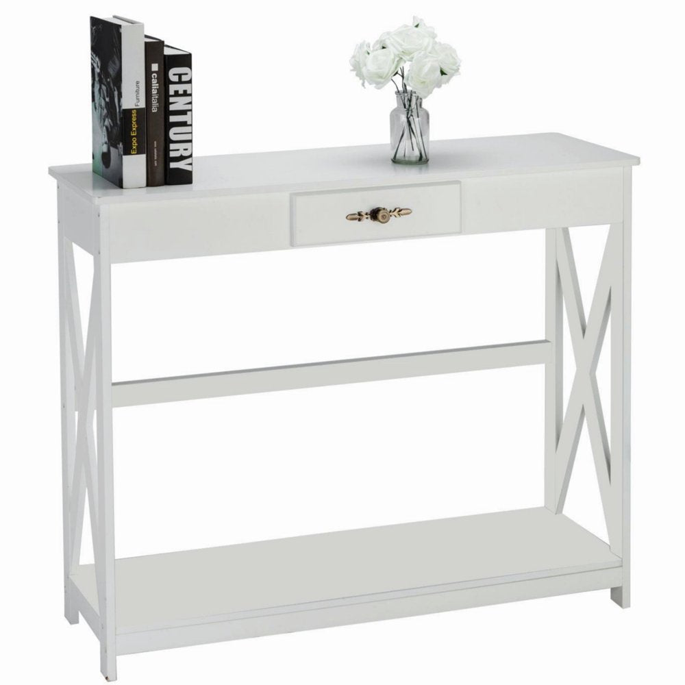 Console Table Sofa Table with Drawer and Shelf Slim Entryway Table with Storage for Hallway, Living Room, Foyer, White