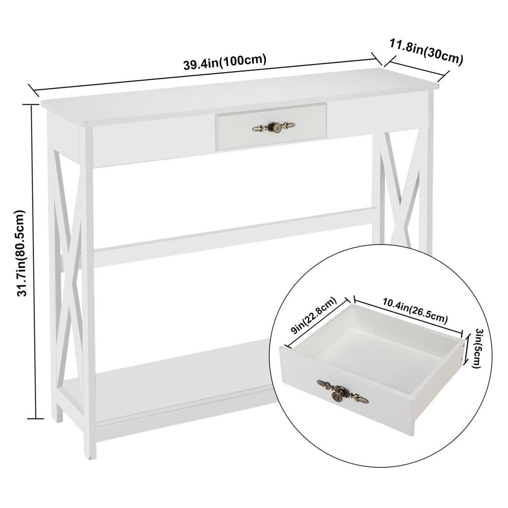 Console Table Sofa Table with Drawer and Shelf Slim Entryway Table with Storage for Hallway, Living Room, Foyer, White