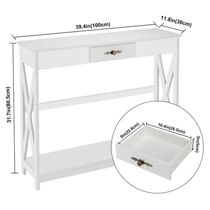 Console Table Sofa Table with Drawer and Shelf Slim Entryway Table with Storage for Hallway, Living Room, Foyer, White