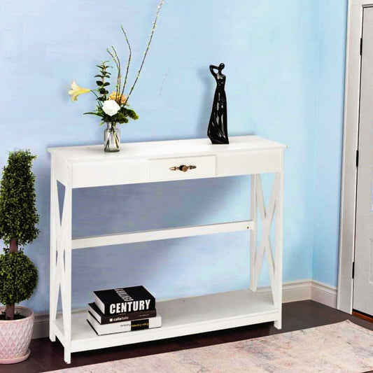 Console Table Sofa Table with Drawer and Shelf Slim Entryway Table with Storage for Hallway, Living Room, Foyer, White