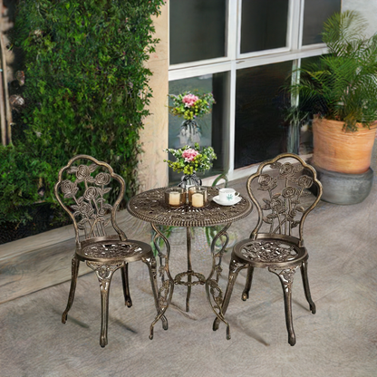 3-Piece Outdoor Bistro Set Rose Design, Rust-Resistant Cast Aluminum Table and Chairs Umbrella Hole for Balcony Backyard Garden